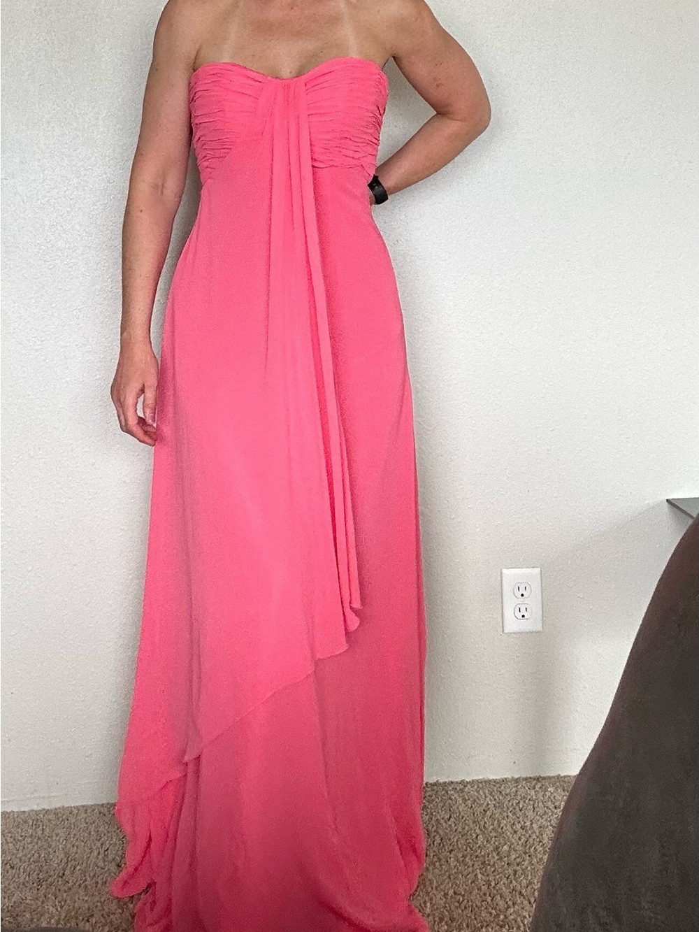 Strapless Coral-Pink Chiffon Maxi Dress